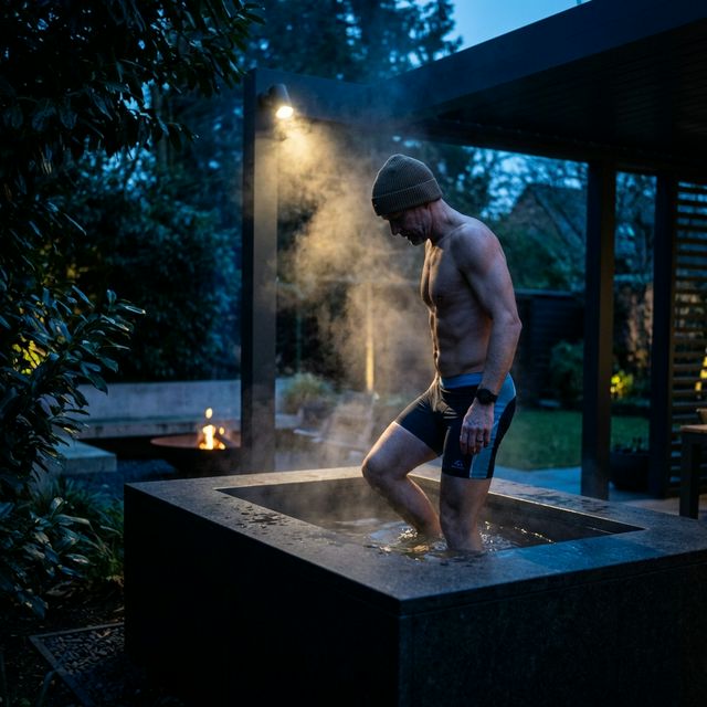 Man stepping into cold plunge tub for recovery protocol